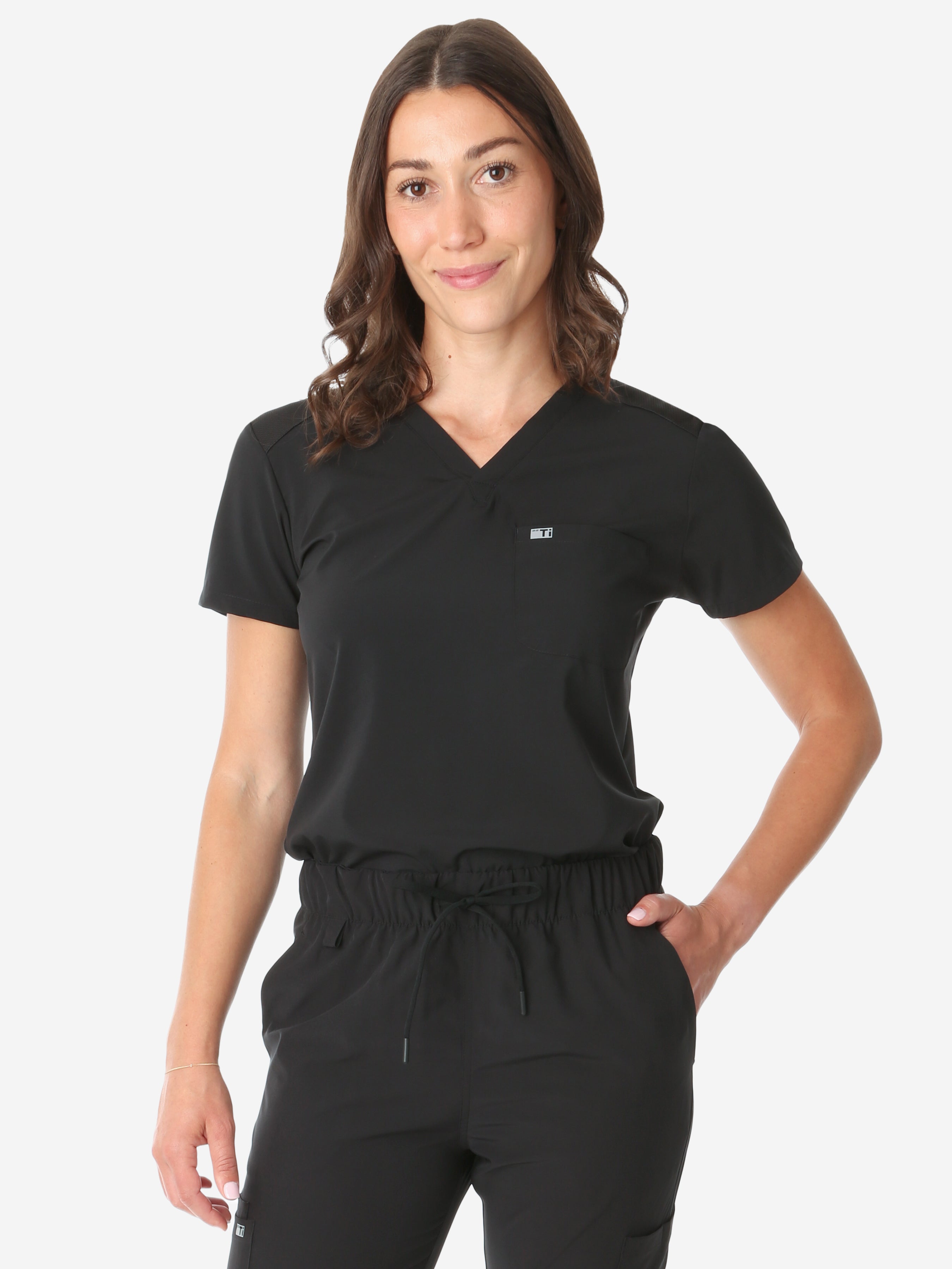 TiScrubs Women&#39;s Stretch One-Pocket Scrub Top Real Black Tucked Front Top Only