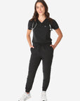 TiScrubs Women's Stretch One-Pocket Scrub Top with Joggers Real Black Tucked Front Full Body