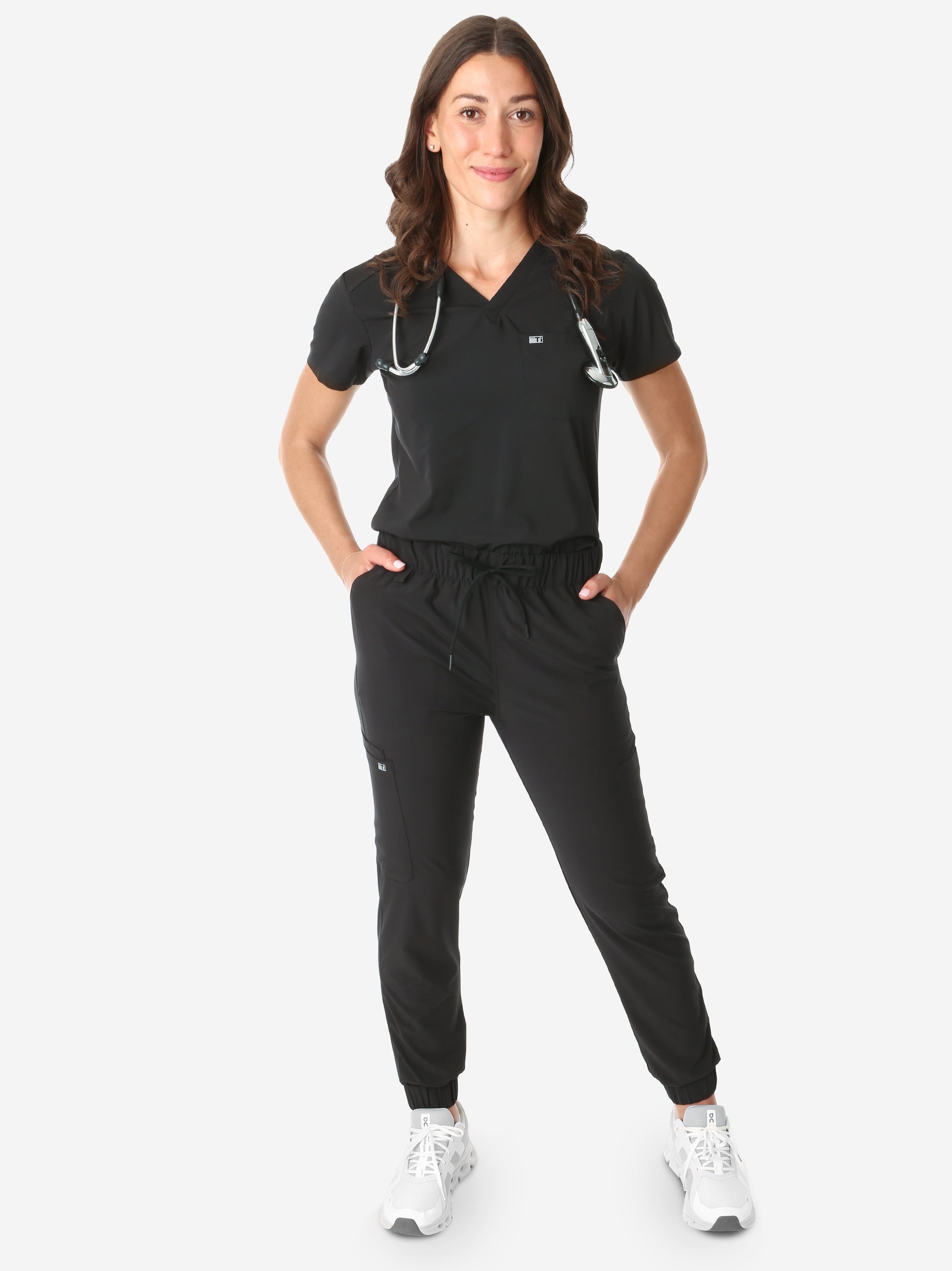 TiScrubs Real Black Women's Stretch Perfect Jogger Pants and One-Pocket Tuckable Top Front View Full Body