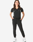 TiScrubs Real Black Women's Stretch Perfect Jogger Pants and One-Pocket Tuckable Top Front View Full Body