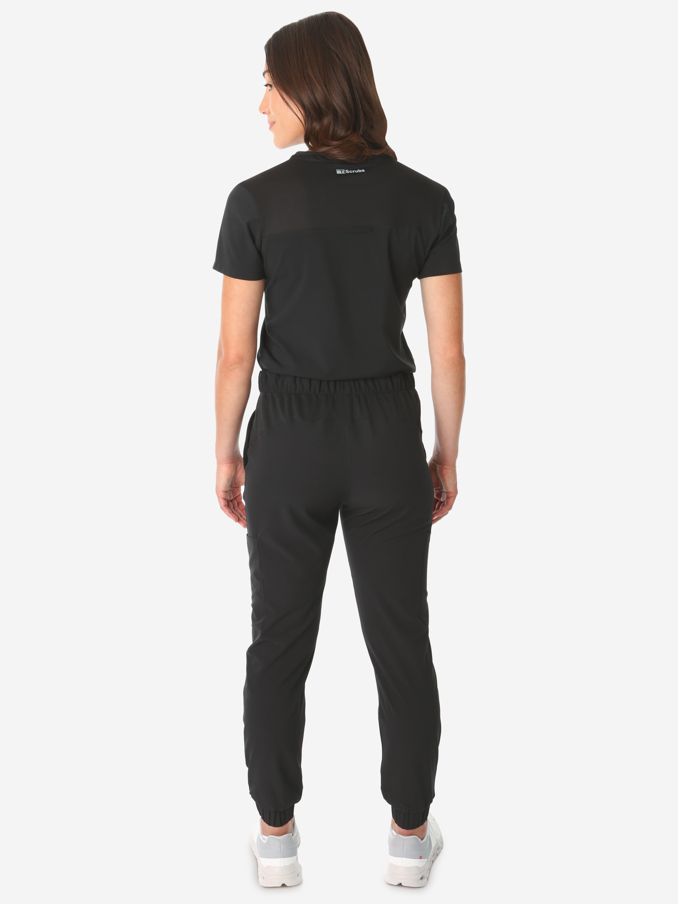 TiScrubs Real Black Women&#39;s Stretch Perfect Jogger Pants and One-Pocket Tuckable Top Back View Full Body