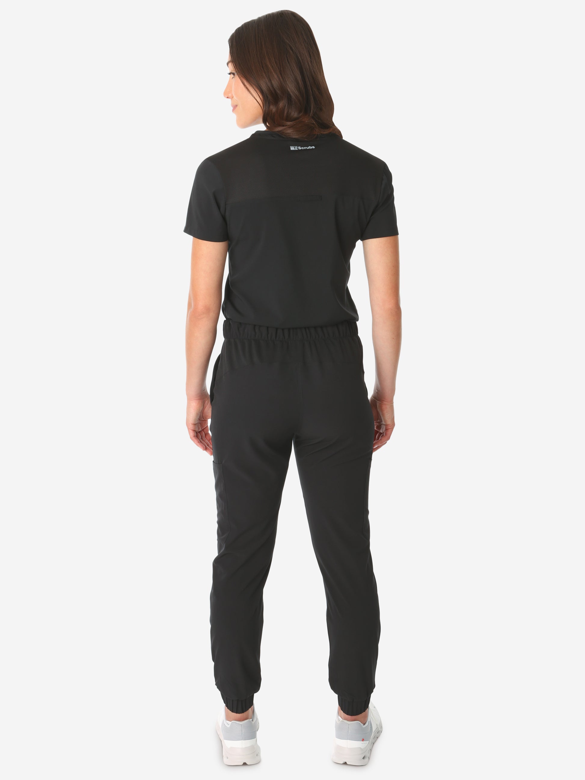TiScrubs Real Black Women's Stretch Perfect Jogger Pants and One-Pocket Tuckable Top Back View Full Body