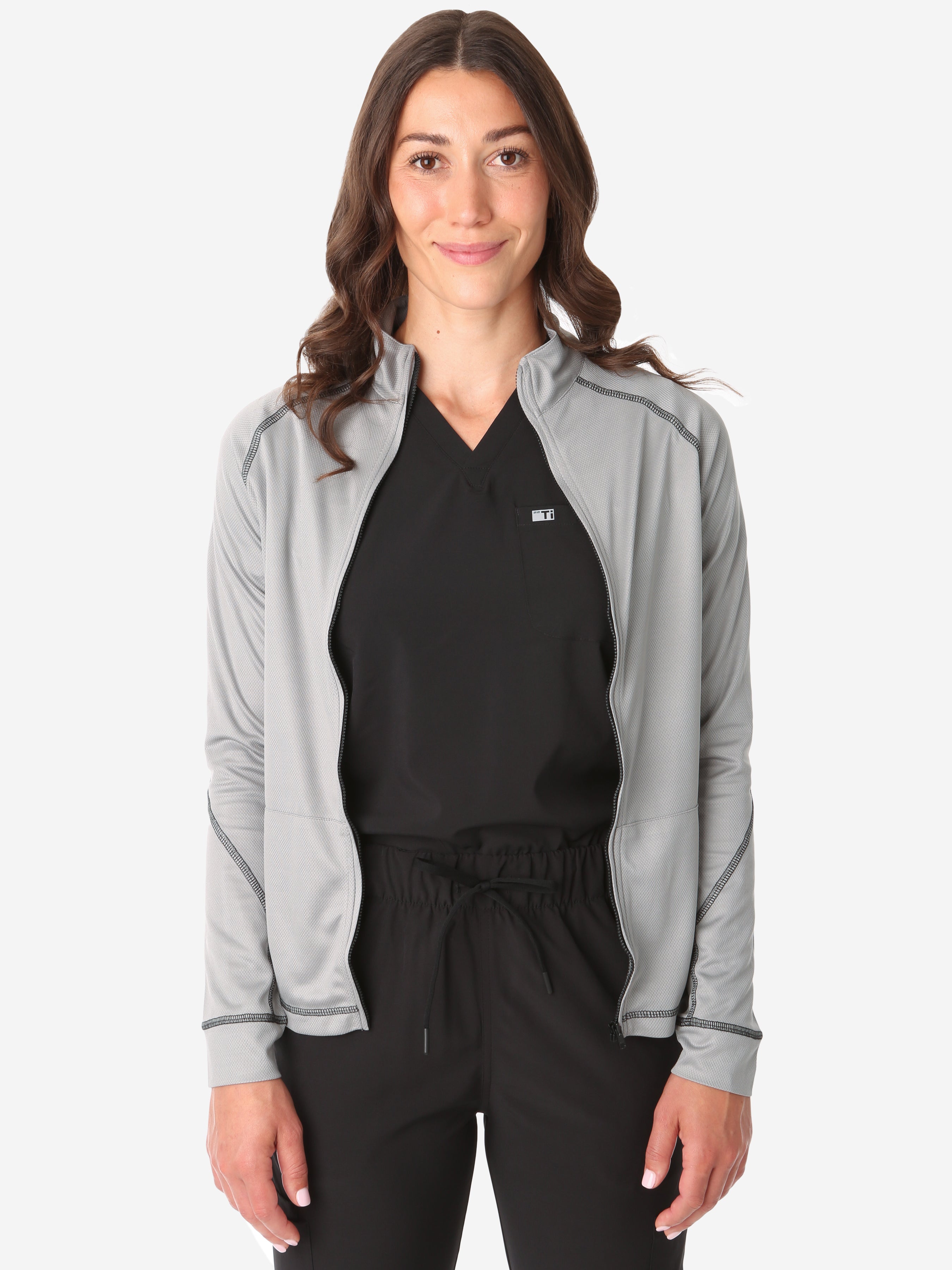 Women&#39;s Mesh Scrub Jacket Titanium Gray Front View Jacket Only