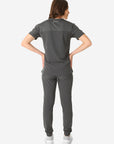 TiScrubs Women's Stretch One-Pocket Scrub Top with Joggers Charcoal Gray Untucked Back Full Body