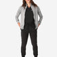 Women's Mesh Scrub Jacket Unzipped Titanium Gray Front View Full Body Plus Black Stretch Scrubs