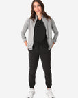 Women's Mesh Scrub Jacket Unzipped Titanium Gray Front View Full Body Plus Black Stretch Scrubs