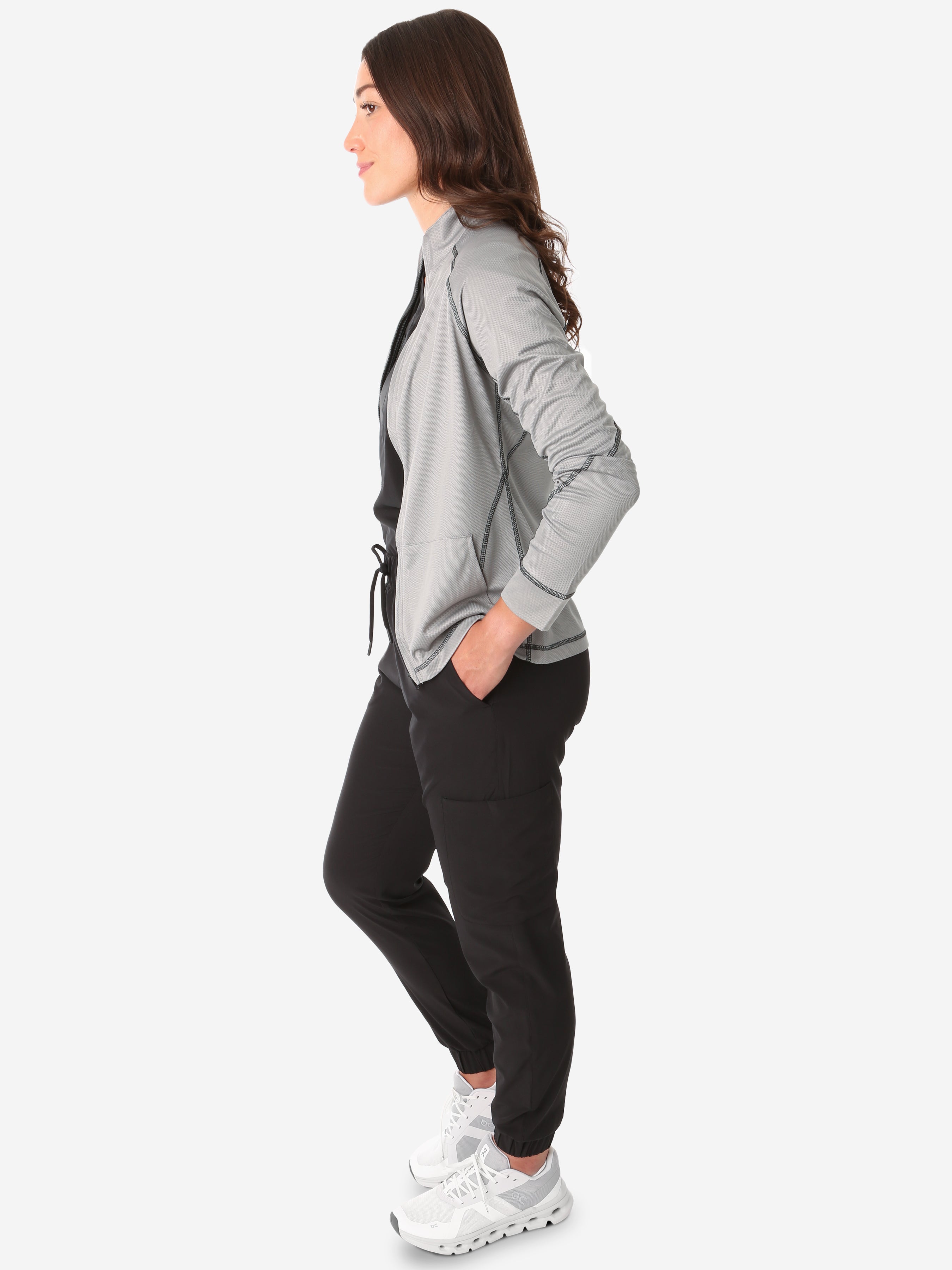 Women&#39;s Mesh Scrub Jacket Titanium Gray Side View Full Body Plus Black Stretch Scrubs