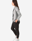 Women's Mesh Scrub Jacket Titanium Gray Side View Full Body Plus Black Stretch Scrubs