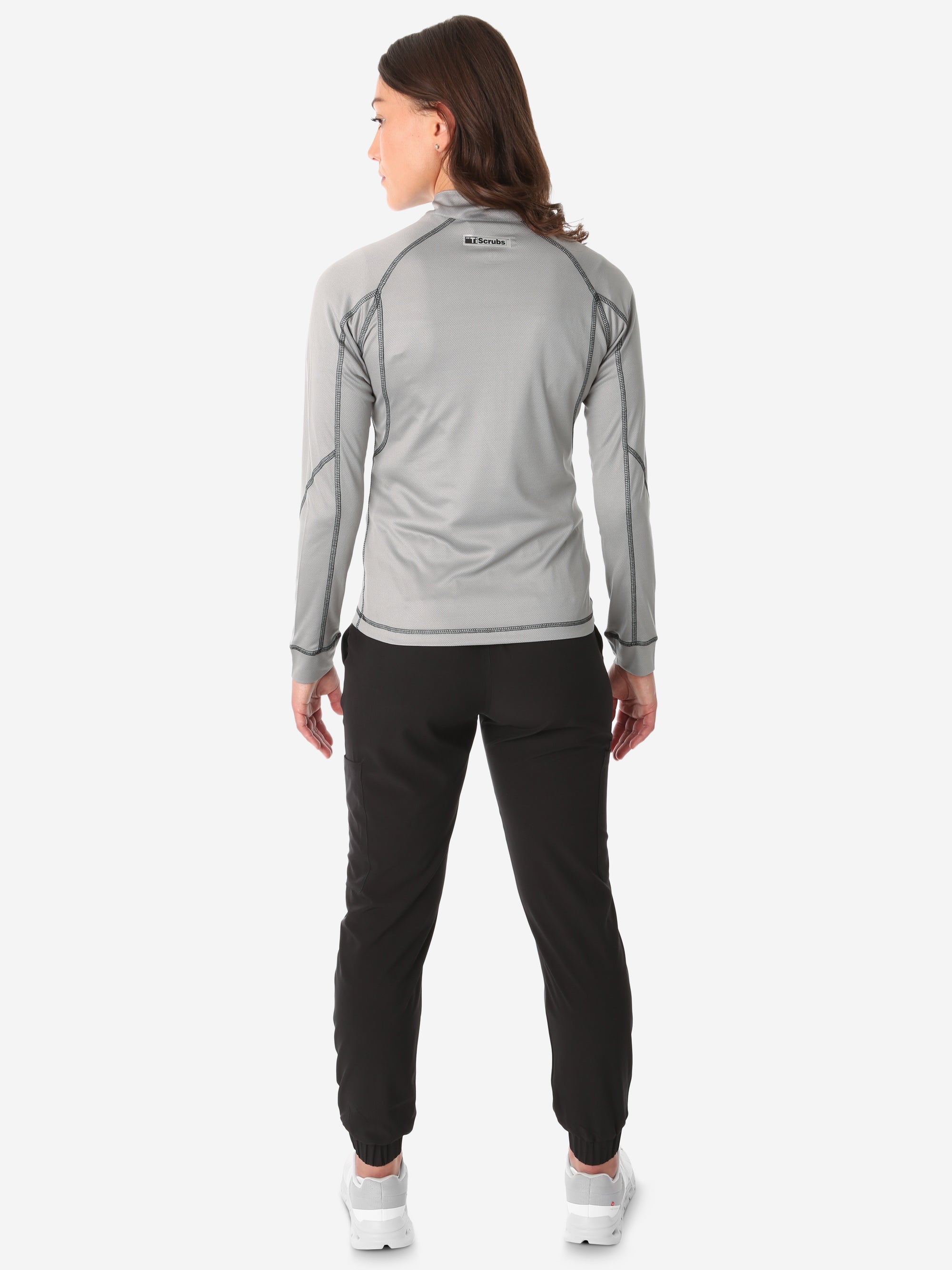 Women&#39;s Mesh Scrub Jacket Titanium Gray Back View Full Body Plus Black Stretch Scrubs