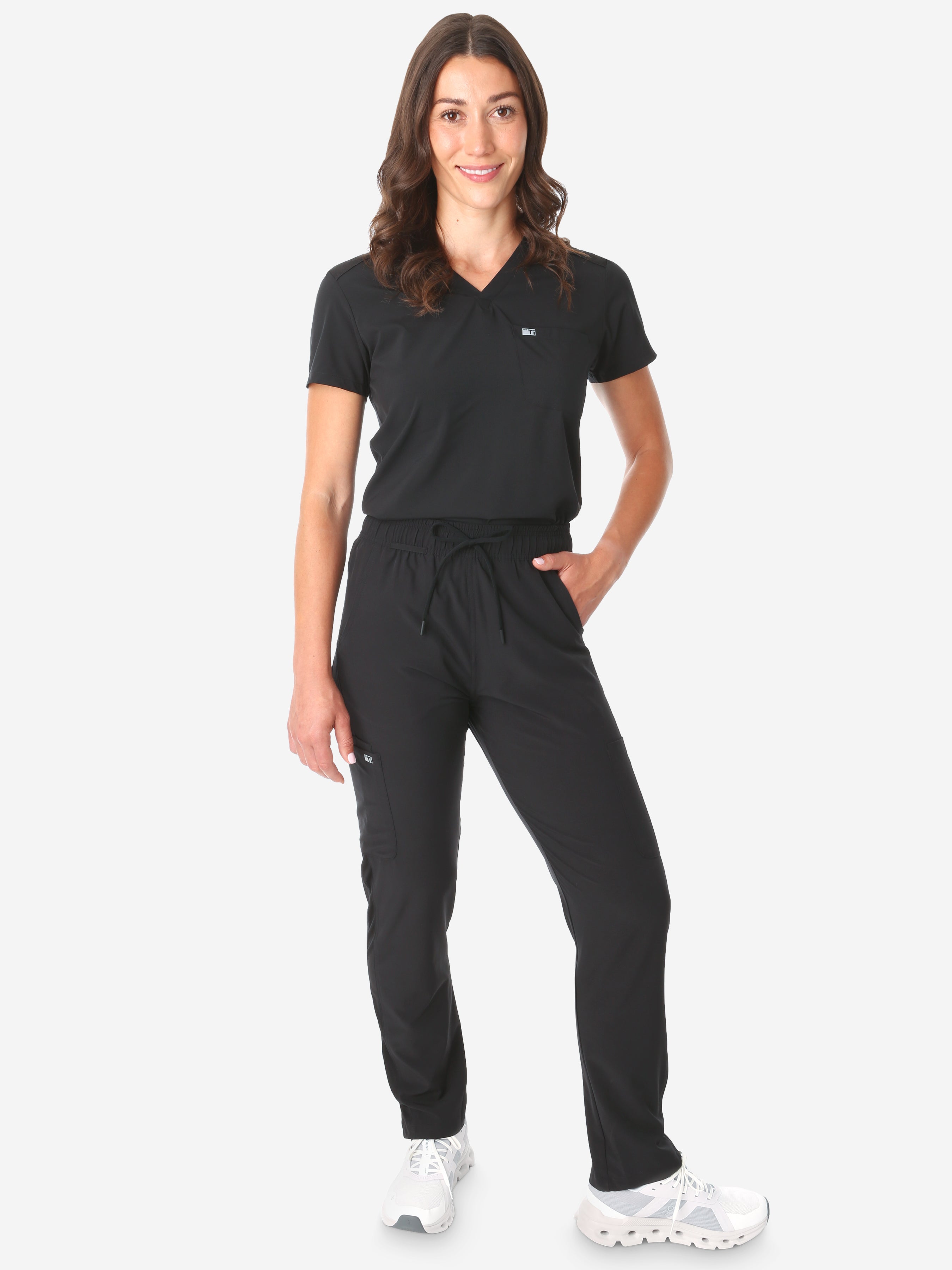 TiScrubs Real Black Women&#39;s Stretch 9-Pocket Pants and One-Pocket Tuckable Top Front View Full Body
