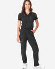 TiScrubs Real Black Women's Stretch 9-Pocket Pants and One-Pocket Tuckable Top Front View Full Body