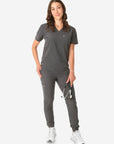 TiScrubs Women's Stretch One-Pocket Scrub Top with Joggers Charcoal Gray Untucked Front Full Body