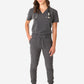 TiScrubs Women's Stretch One-Pocket Scrub Top with Joggers Charcoal Gray Tucked Front Full Body