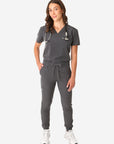TiScrubs Women's Stretch One-Pocket Scrub Top with Joggers Charcoal Gray Tucked Front Full Body