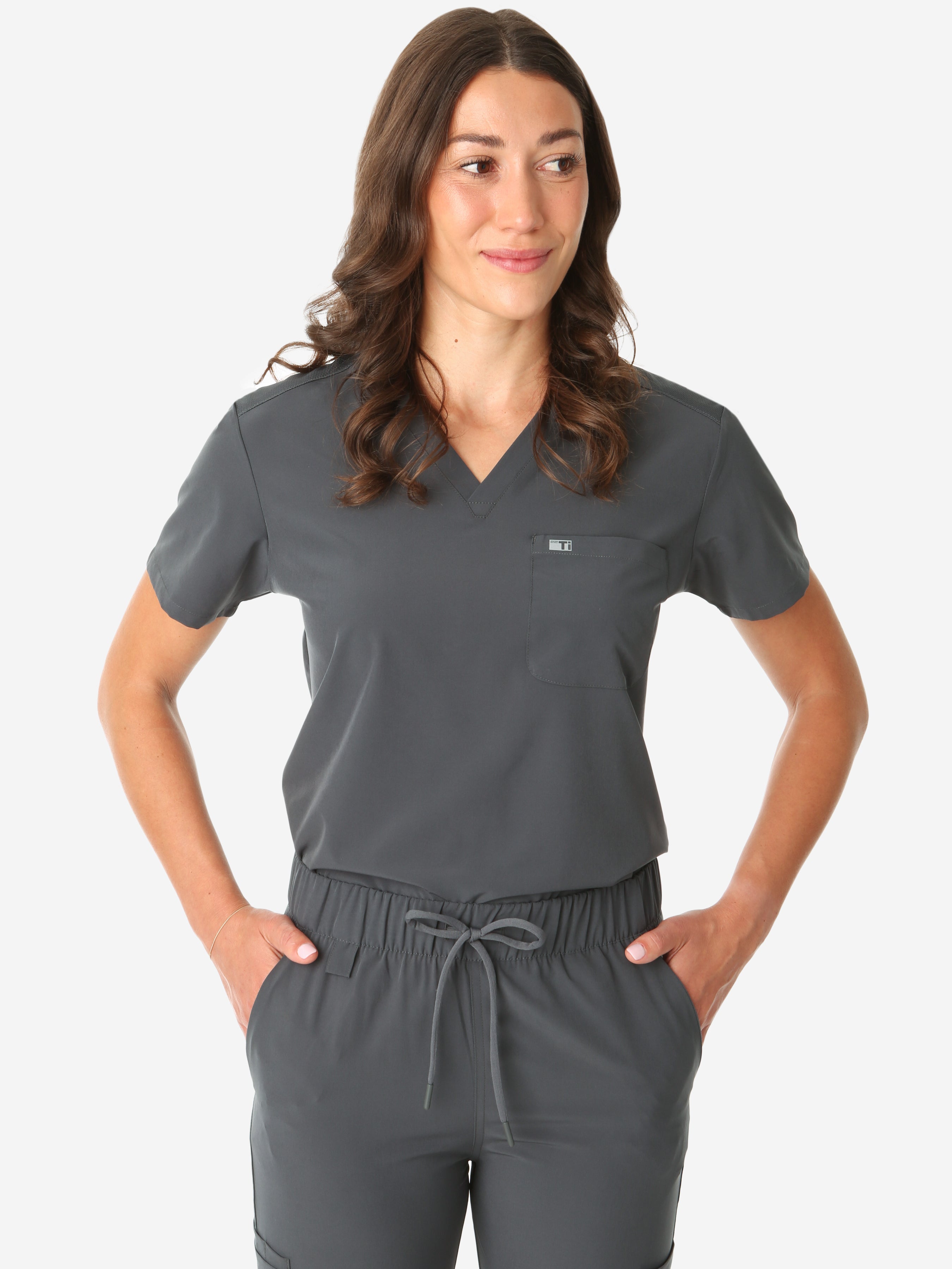 TiScrubs Women&#39;s Stretch One-Pocket Scrub Top Charcoal Gray Tucked Front Top Only