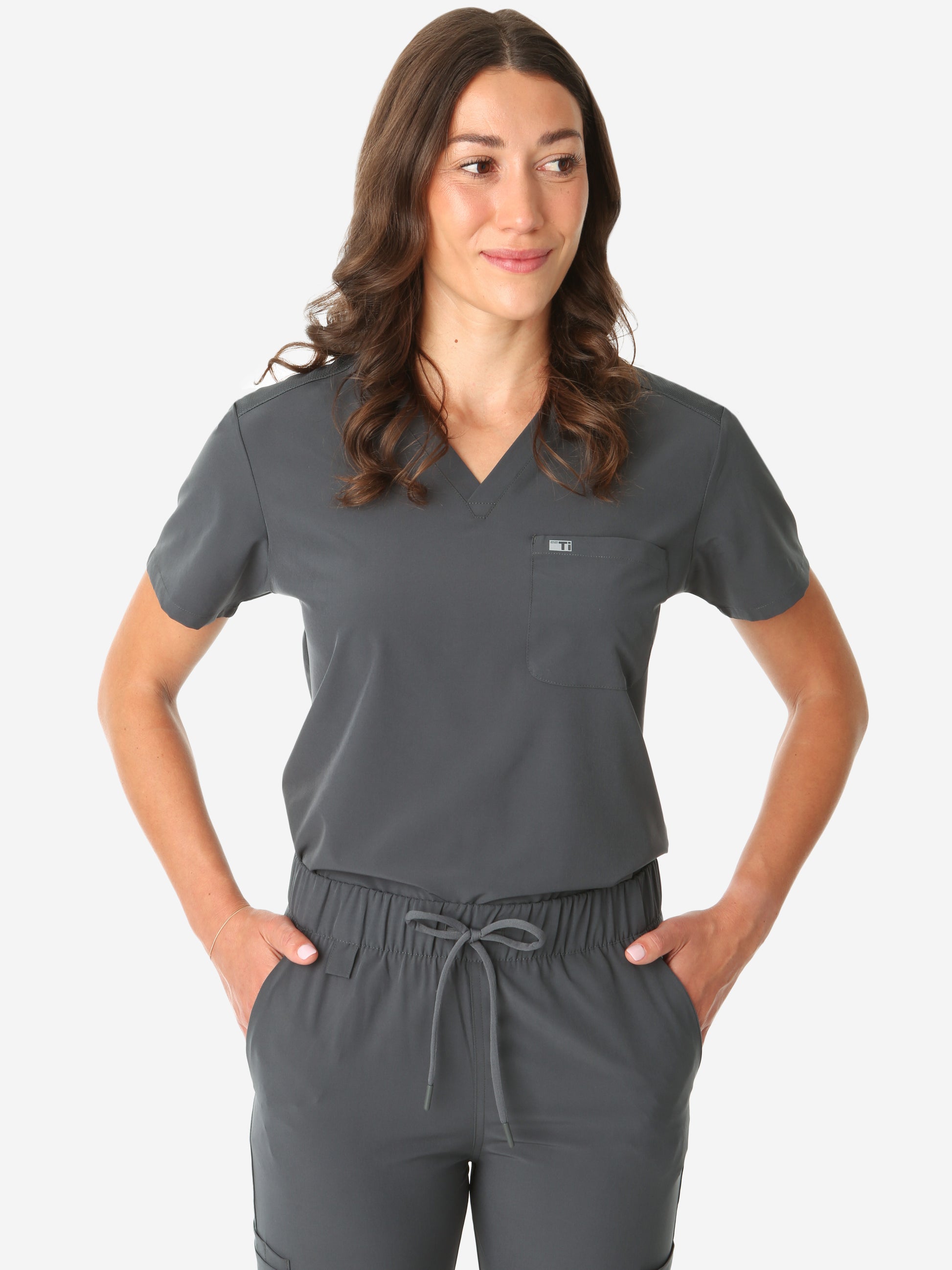 TiScrubs Women's Stretch One-Pocket Scrub Top Charcoal Gray Tucked Front Top Only