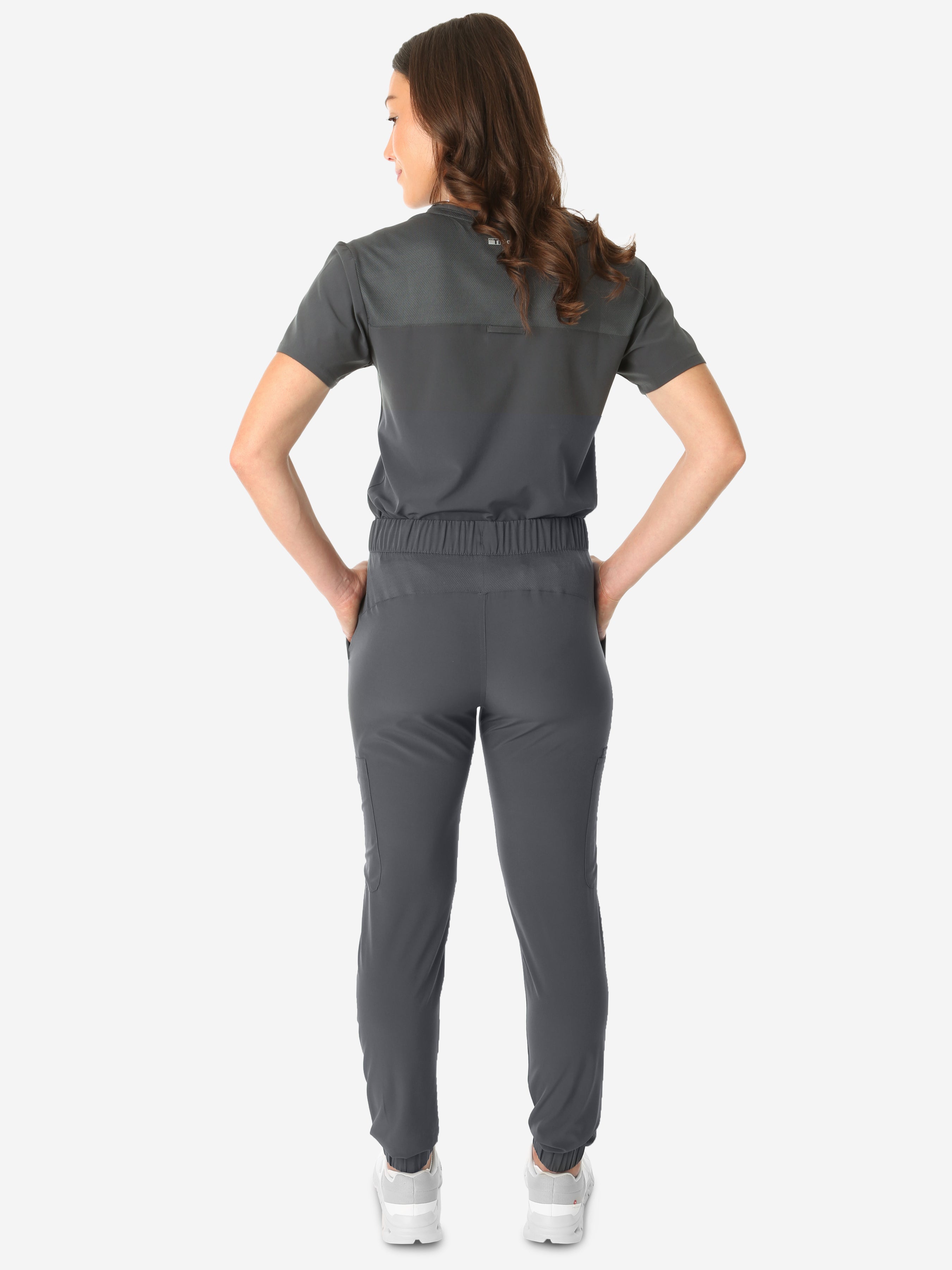TiScrubs Charcoal Gray Women&#39;s Stretch Perfect Jogger Pants and One-Pocket Tuckable Top Back View Full Body