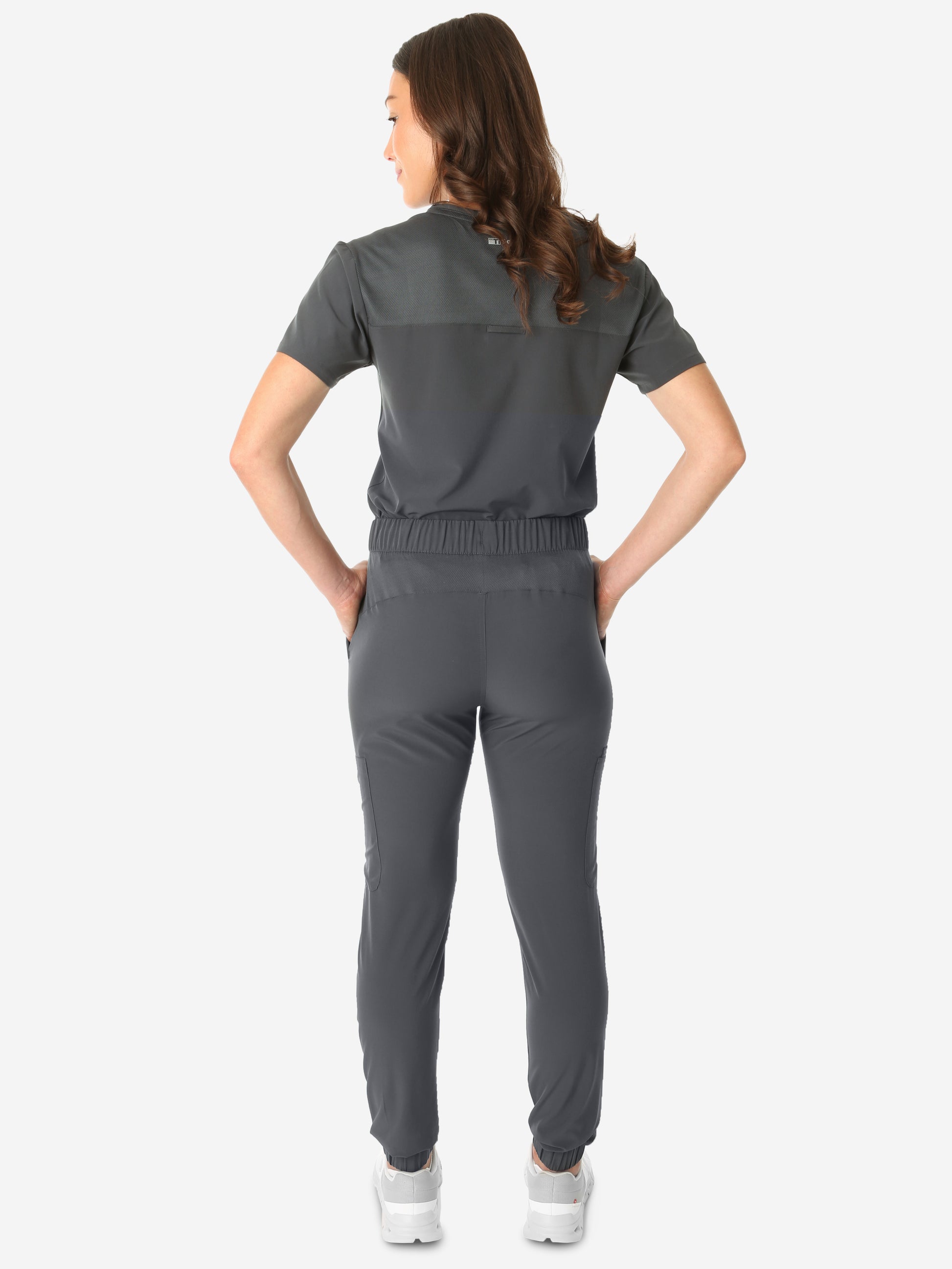 TiScrubs Charcoal Gray Women's Stretch Perfect Jogger Pants and One-Pocket Tuckable Top Back View Full Body