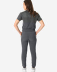 TiScrubs Charcoal Gray Women's Stretch Perfect Jogger Pants and One-Pocket Tuckable Top Back View Full Body
