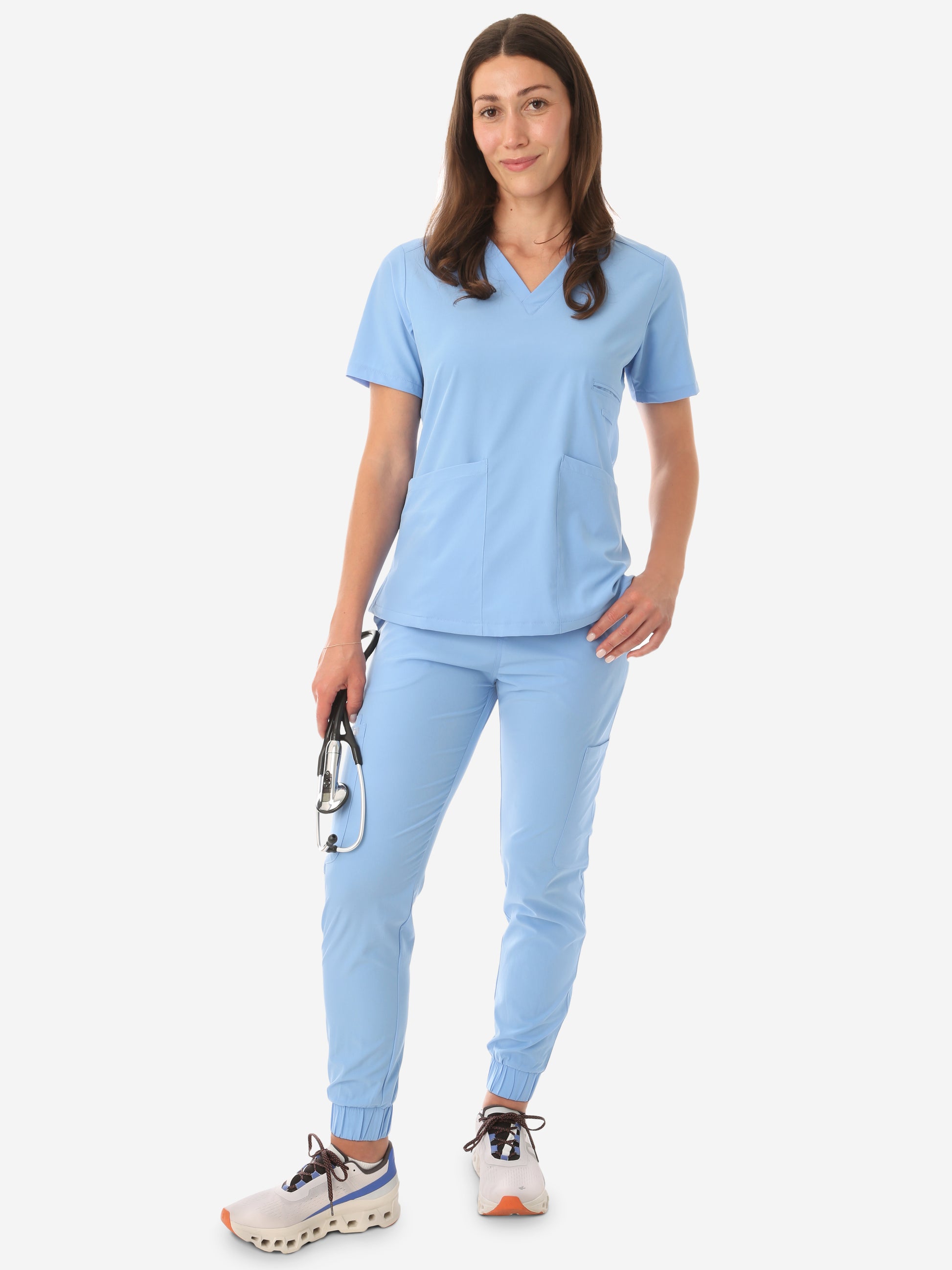 Women's Four-Pocket Scrub Top Ceil Blue with Perfect Scrub Joggers Front View