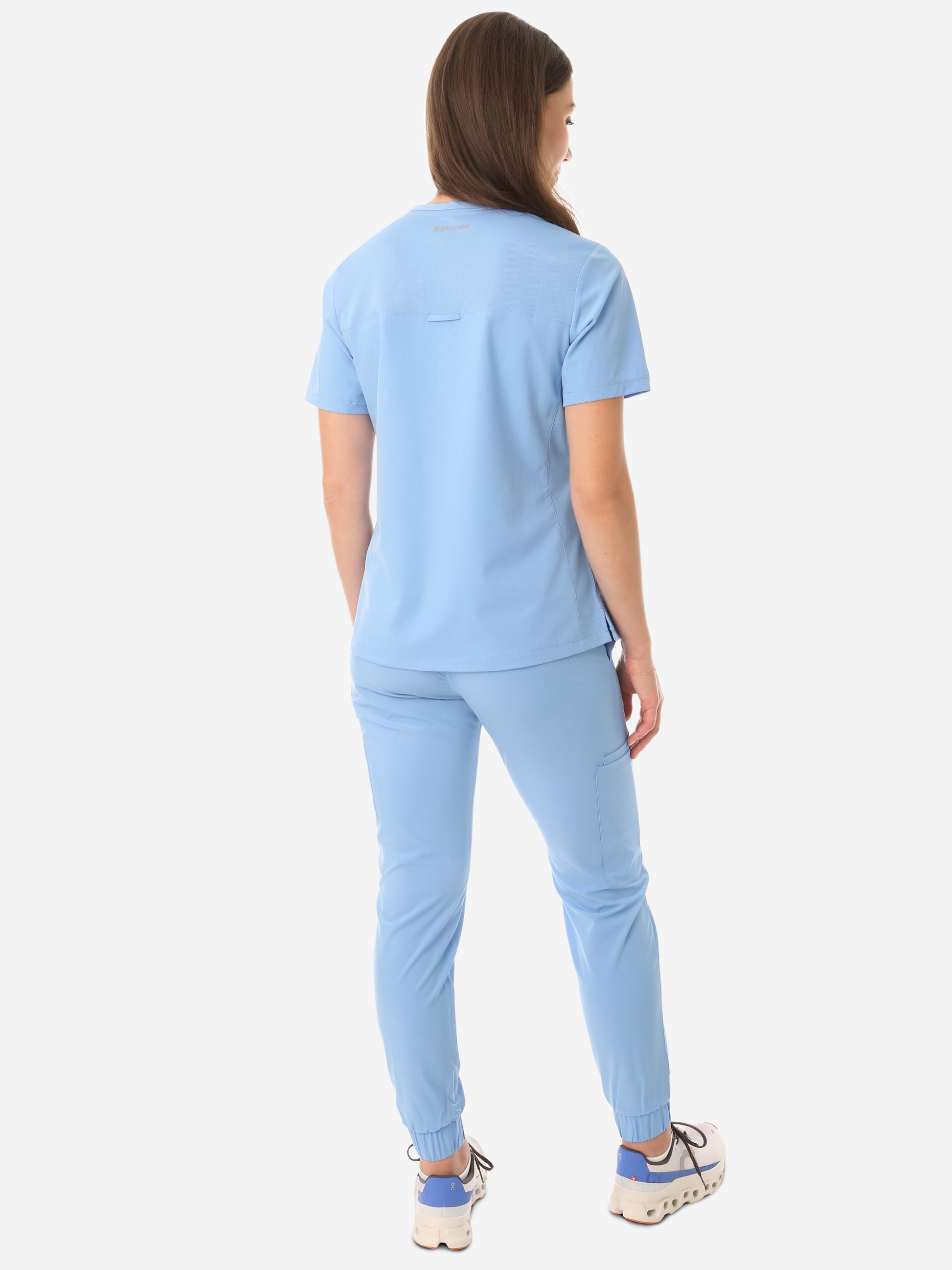 Women's Four-Pocket Scrub Top Ceil Blue with Perfect Scrub Joggers  Back View