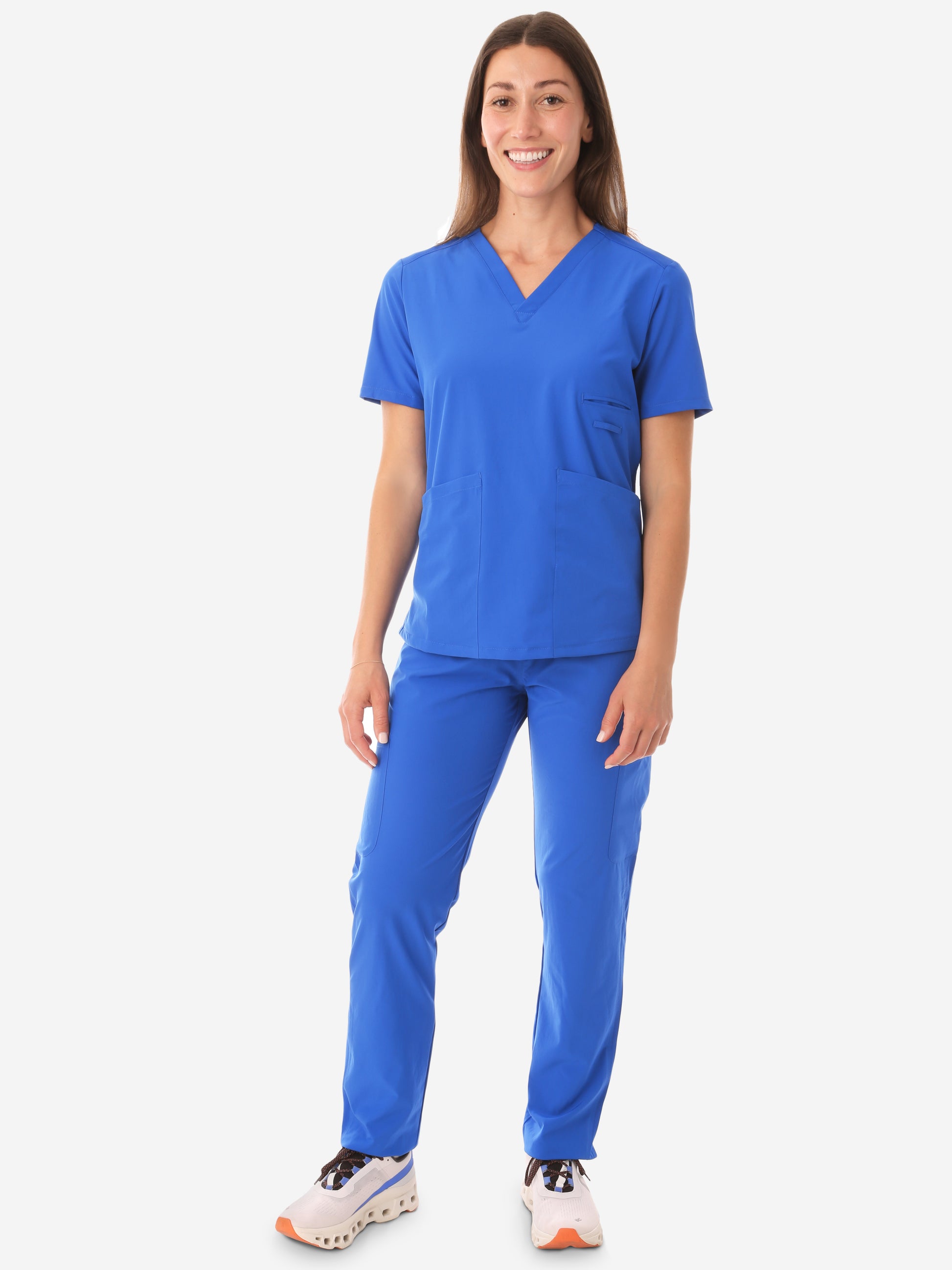 Women's Four-Pocket Scrub Top Royal Blue with 9-Pocket Scrub Pants Front View