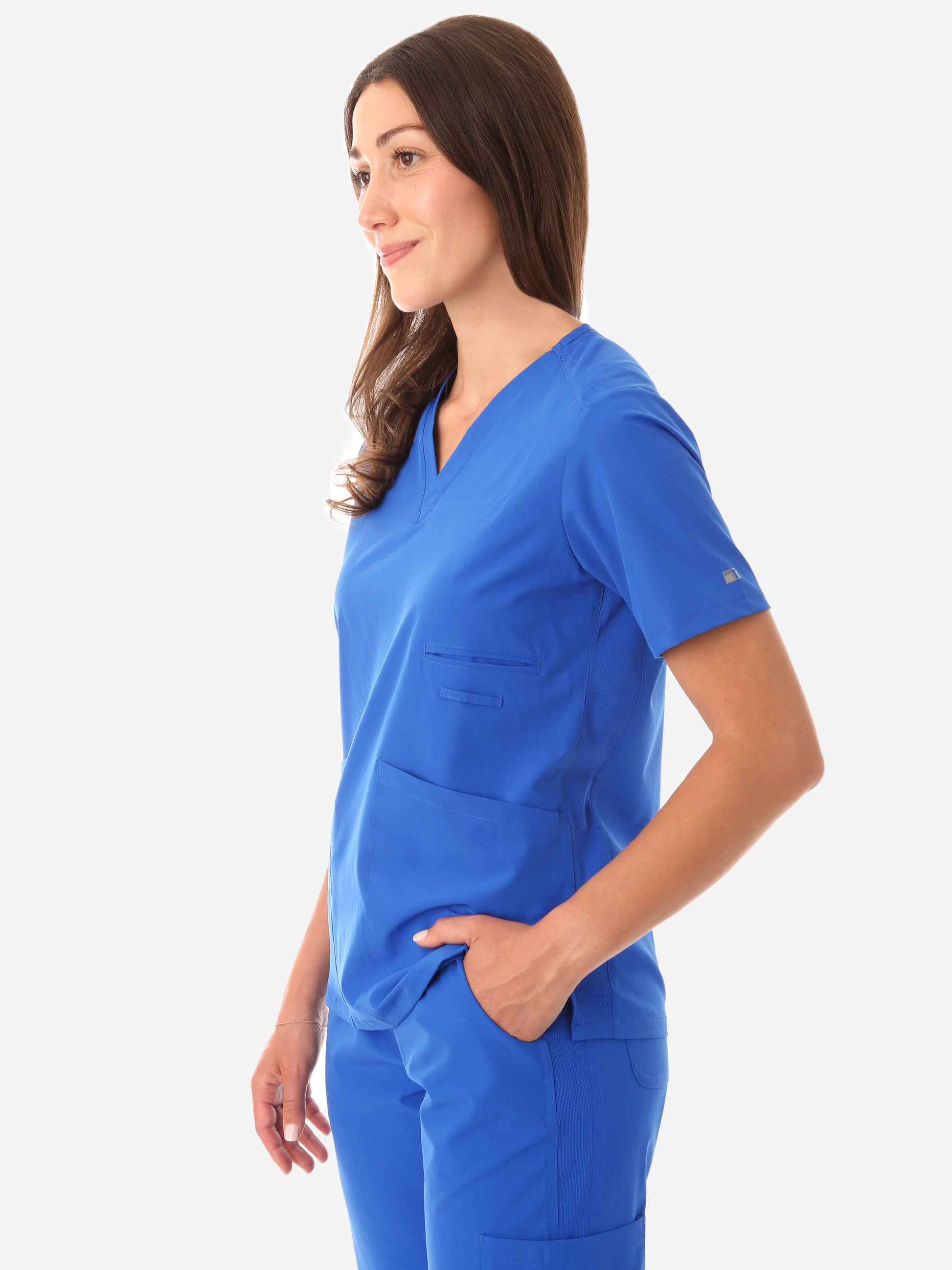 Women's Four-Pocket Scrub Top Royal Blue Side View
