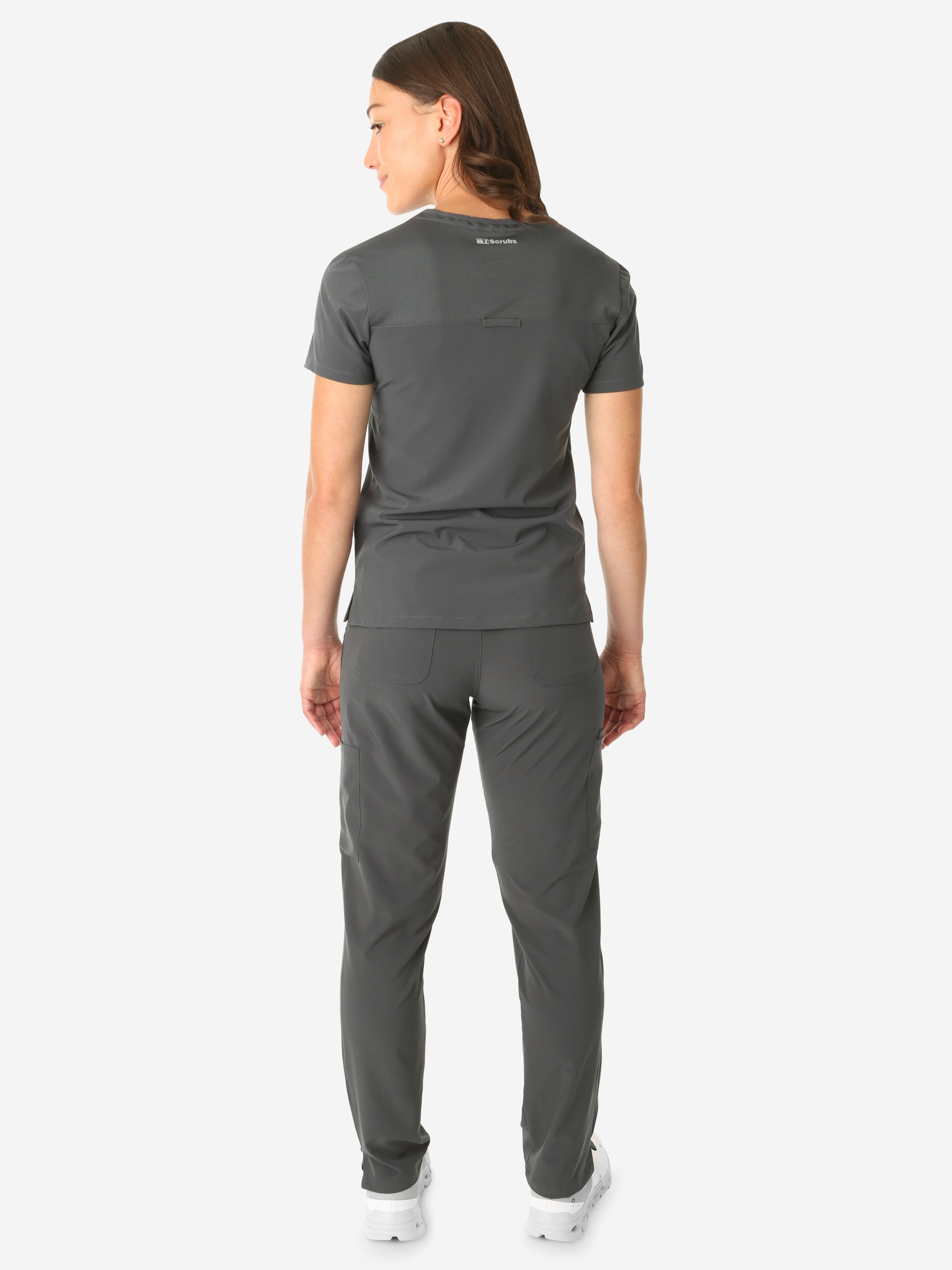 TiScrubs Charcoal Gray Women&#39;s Stretch 9-Pocket Pants and One-Pocket Tuckable Top Back View Full Body