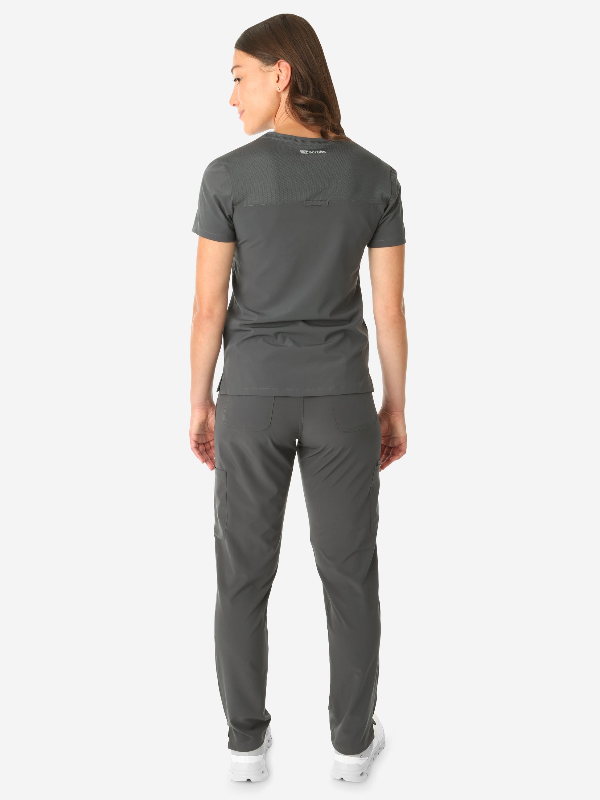 TiScrubs Charcoal Gray Women's Stretch 9-Pocket Pants and One-Pocket Tuckable Top Back View Full Body