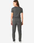 TiScrubs Charcoal Gray Women's Stretch 9-Pocket Pants and One-Pocket Tuckable Top Back View Full Body