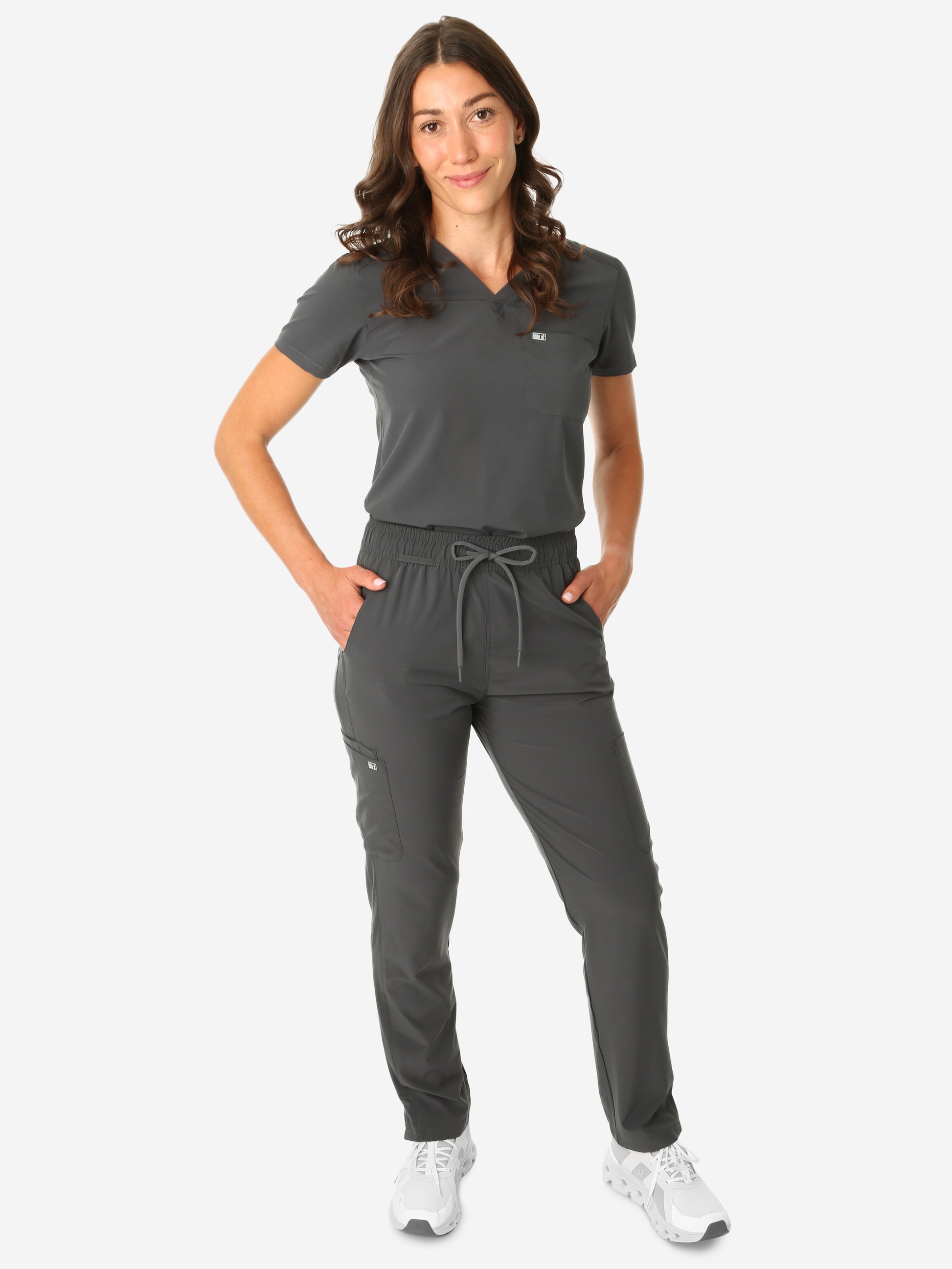 TiScrubs Charcoal Gray Women's Stretch 9-Pocket Pants and One-Pocket Tuckable Top Front View Full Body