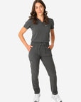 TiScrubs Charcoal Gray Women's Stretch 9-Pocket Pants and One-Pocket Tuckable Top Front View Full Body