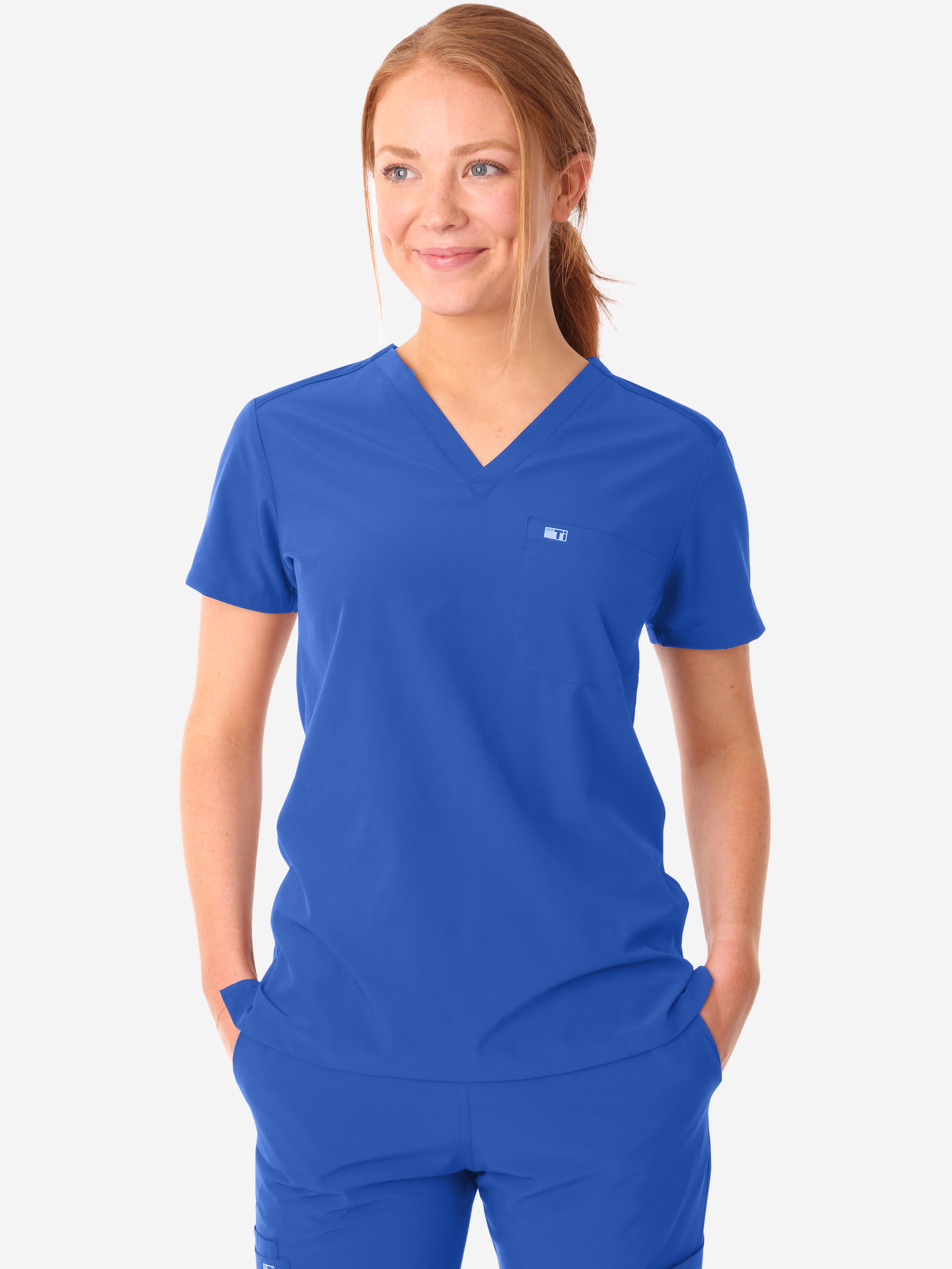 TiScrubs Women&#39;s Stretch Royal Blue One-Pocket Scrub Top Untucked Front View Top Only