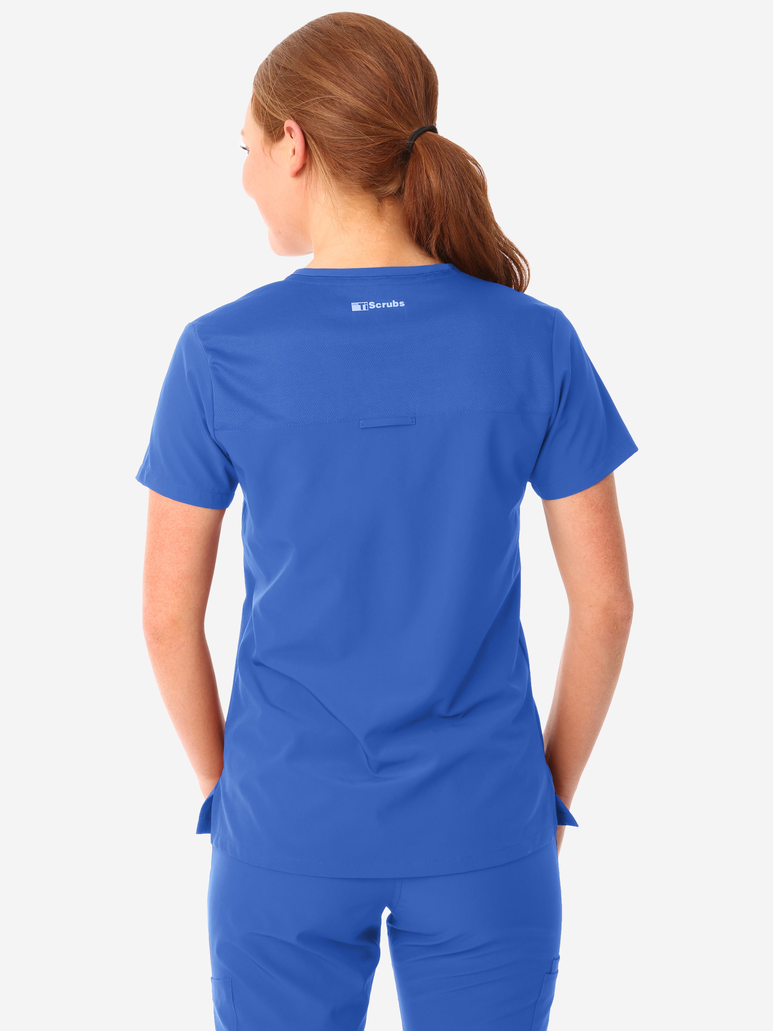 TiScrubs Women's Stretch Royal Blue One-Pocket Scrub Top Untucked Back View Top Only
