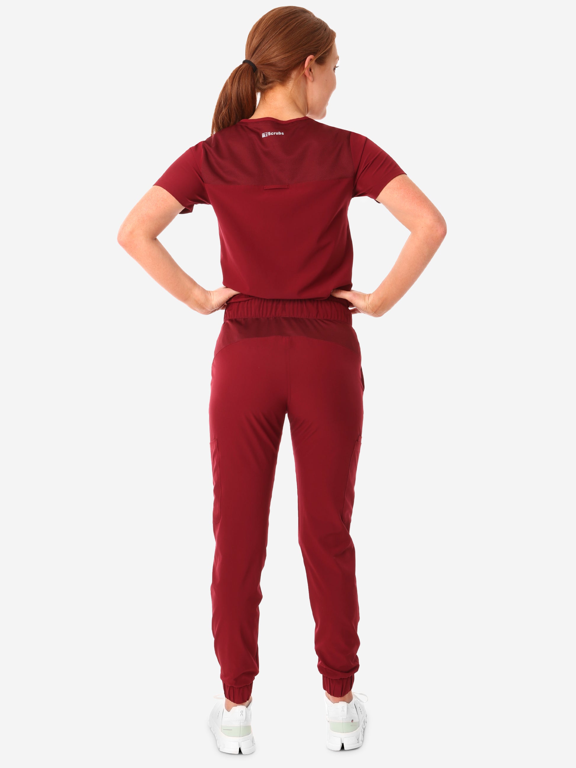 TiScrubs Bold Burgundy Women's Stretch Perfect Jogger Pants and One-Pocket Tuckable Top Back View Full Body