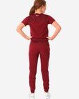 TiScrubs Bold Burgundy Women's Stretch Perfect Jogger Pants and One-Pocket Tuckable Top Back View Full Body