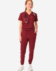 TiScrubs Bold Burgundy Women's Stretch Perfect Jogger Pants and One-Pocket Tuckable Top Front View Full Body