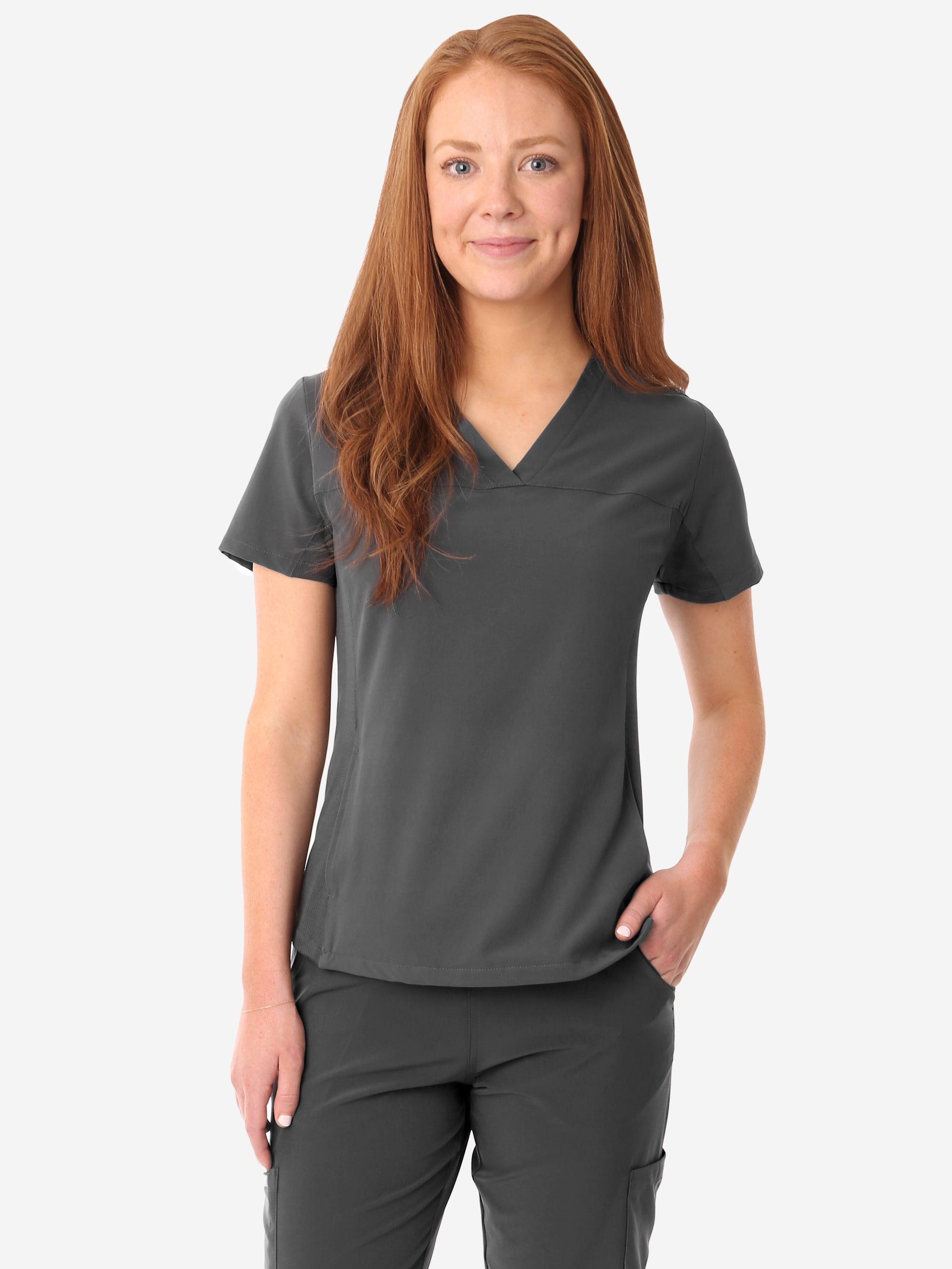 Women's Stash-Pocket Scrub Top Charcoal Gray Front View