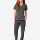 Women's Stash-Pocket Scrub Top Charcoal Gray with 9-Pocket Scrub Pants Front View
