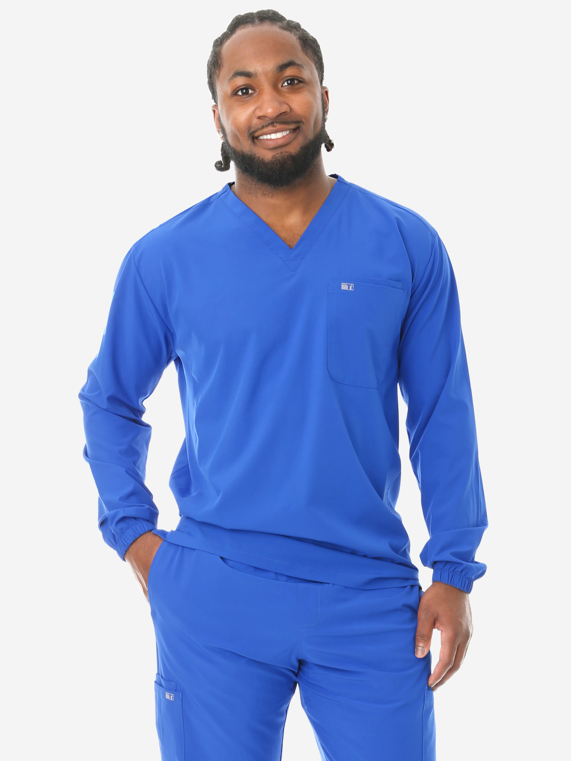 Men&#39;s Royal Blue Long-Sleeve Scrub Top Front View Top Only