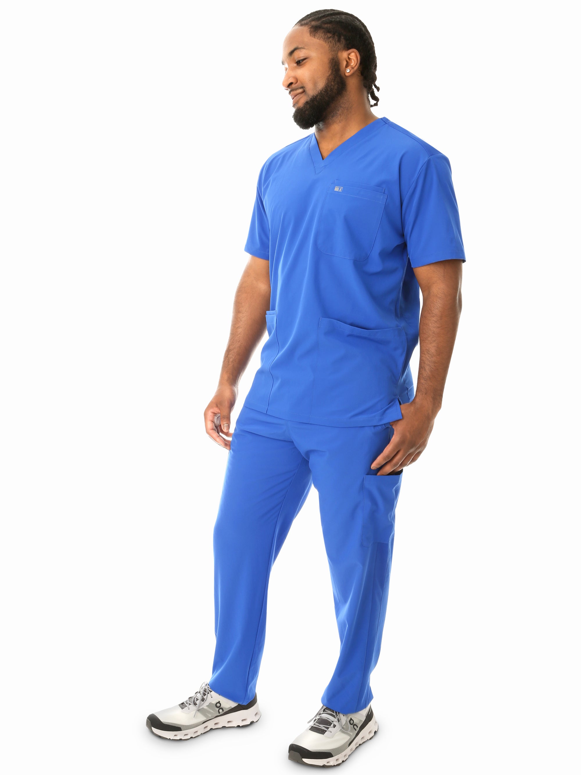 Men&#39;s Five-Pocket Scrub Top Royal Blue with 9-Pocket Pants Side View