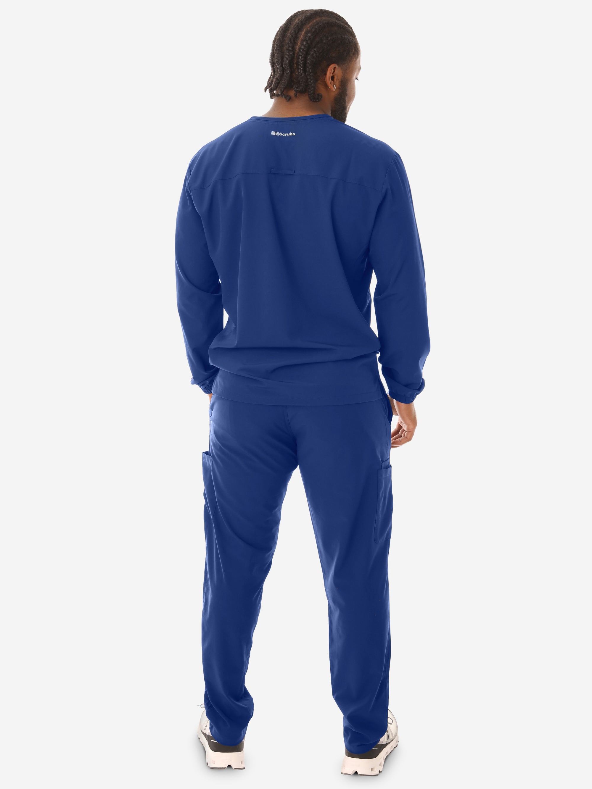 Men&#39;s Navy Blue Long-Sleeve Scrub Top Back View with 9-Pocket Scrub Pants
