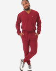 Men's Long Sleeve Scrub Top with Two Chest Pockets Bold Burgundy Full Body Front View with Joggers Scrub Pants