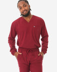 Men's Bold Burgundy Long-Sleeve Scrub Top Front View Top Only