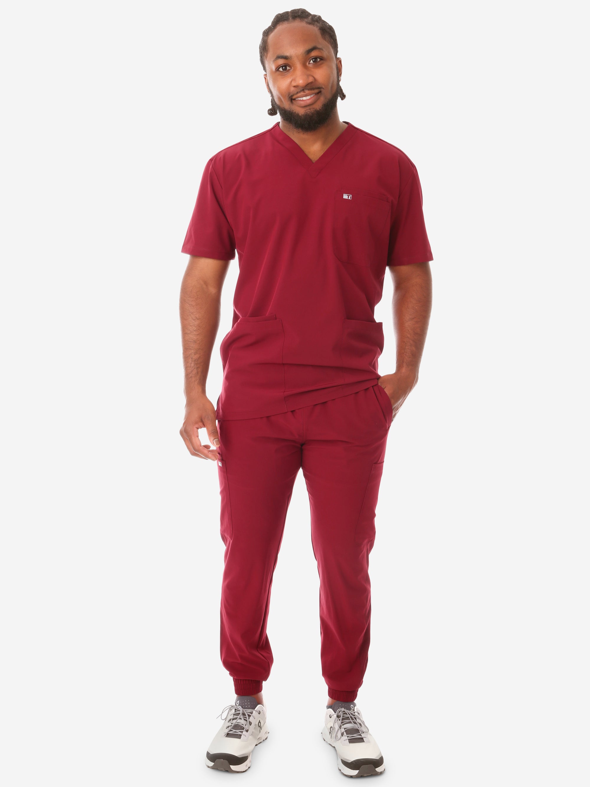 Men&#39;s Five-Pocket Scrub Top Bold Burgundy with Joggers Front View