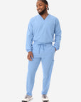 Men's Long Sleeve Scrub Top with Two Chest Pockets Ceil Blue Full Body Front View with 9-Pocket Pants