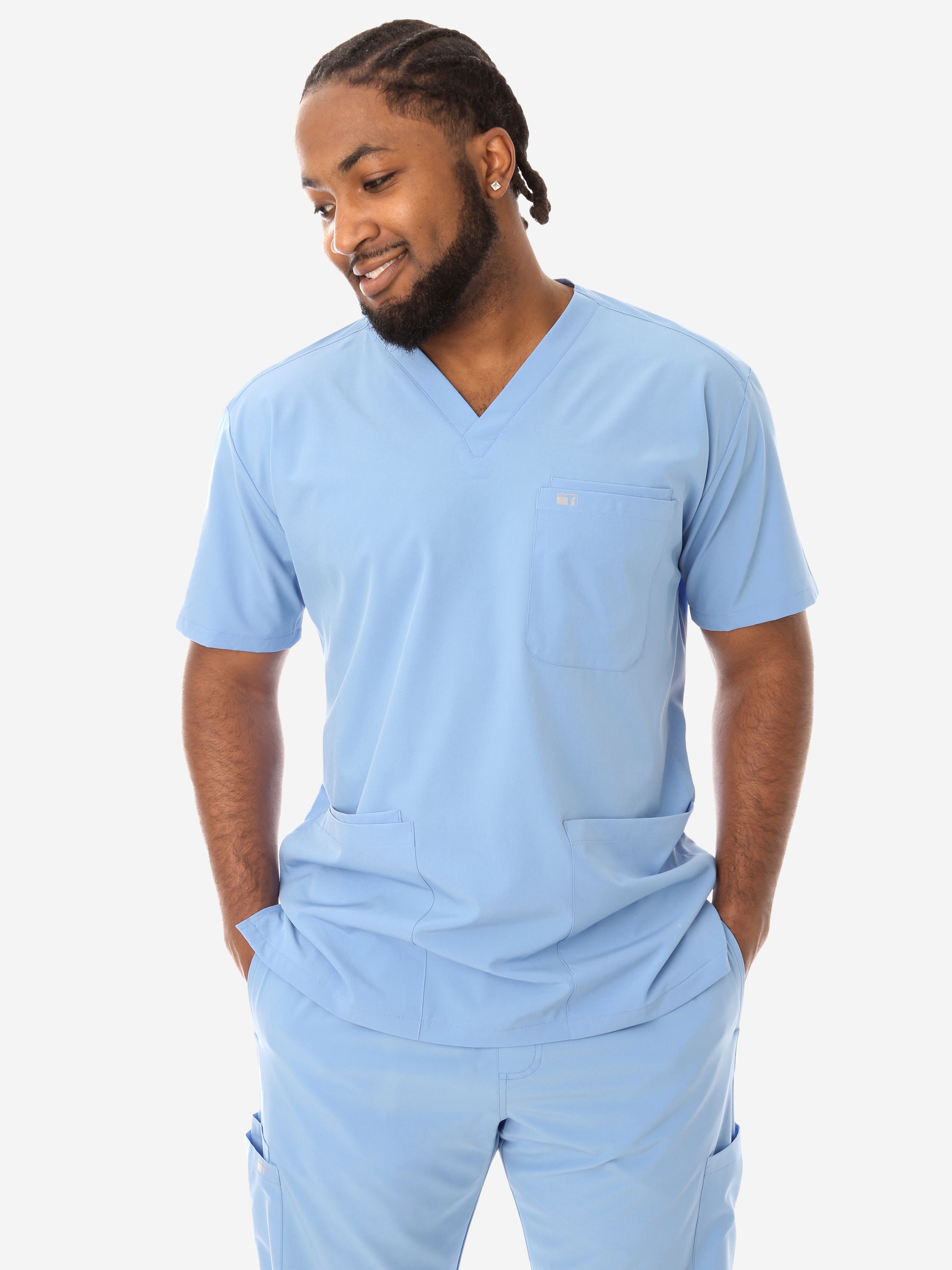 Men's Five-Pocket Scrub Top Ceil Blue Front View
