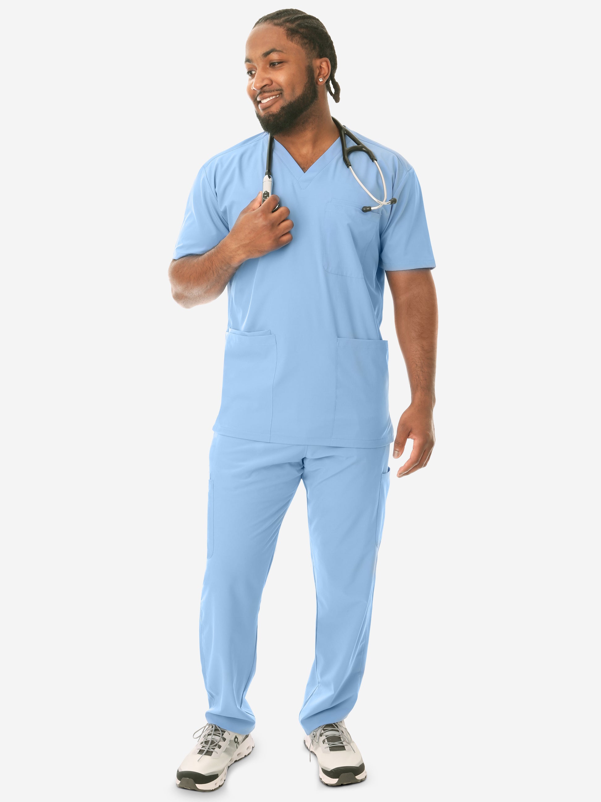 Men's Five-Pocket Scrub Top Ceil Blue with 9-Pocket Pants Front View