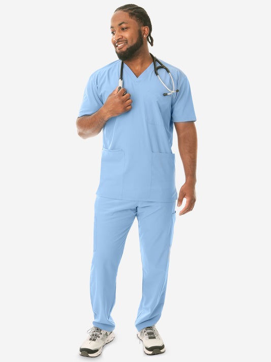 Men's Five-Pocket Scrub Top Ceil Blue with 9-Pocket Pants Front View