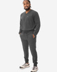 Men's Long Sleeve Scrub Top with Two Chest Pockets Charcoal Gray Full Body Front View with Jogger Scrub Pants